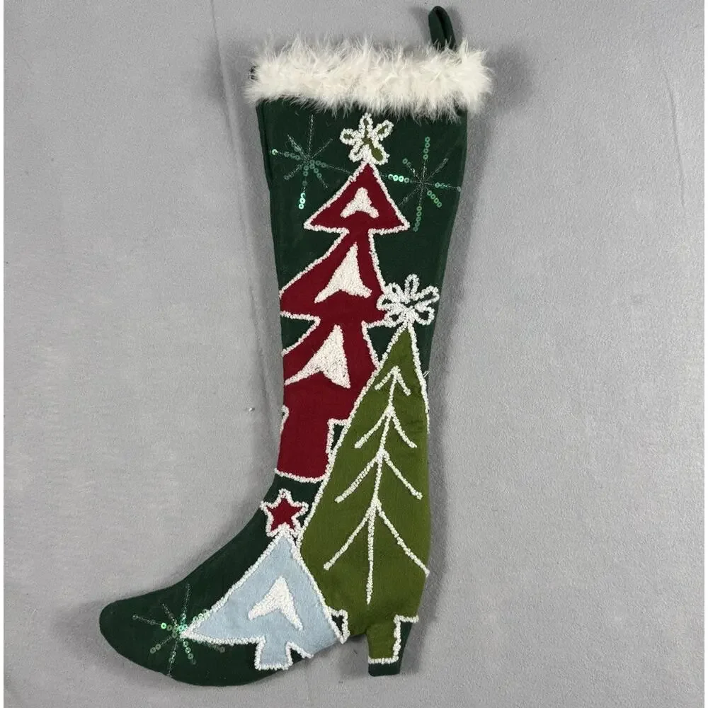 Pier 1 Early 2000s Christmas Stocking Green Red Trees Punch-Needle Faux Fur Trim
